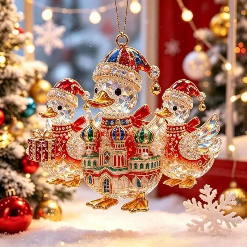 2D Flat Happy Duck Hanging Ornament Set Shining Artificial Rhinestone Animal Hanging Decoration Acrylic Simulation Keychain