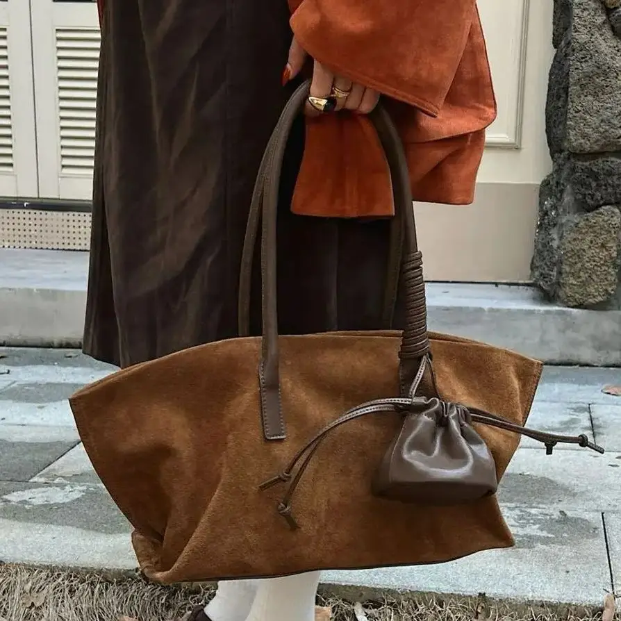 

Vintage Large Capacity Suede Tote Bag For Women Luxury Designer Office Messenger Bags Satchel Cow Ladies Handbags