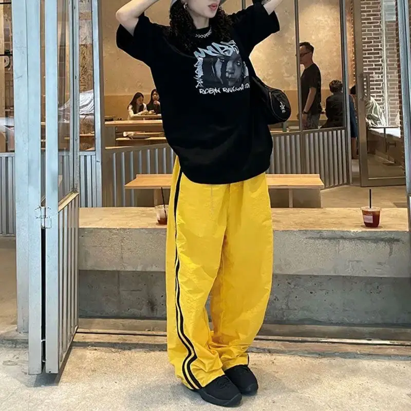 2024 Summer New Retro Striped Sports Speed Drying Pants Loose Casual Thin Wide Leg Pants