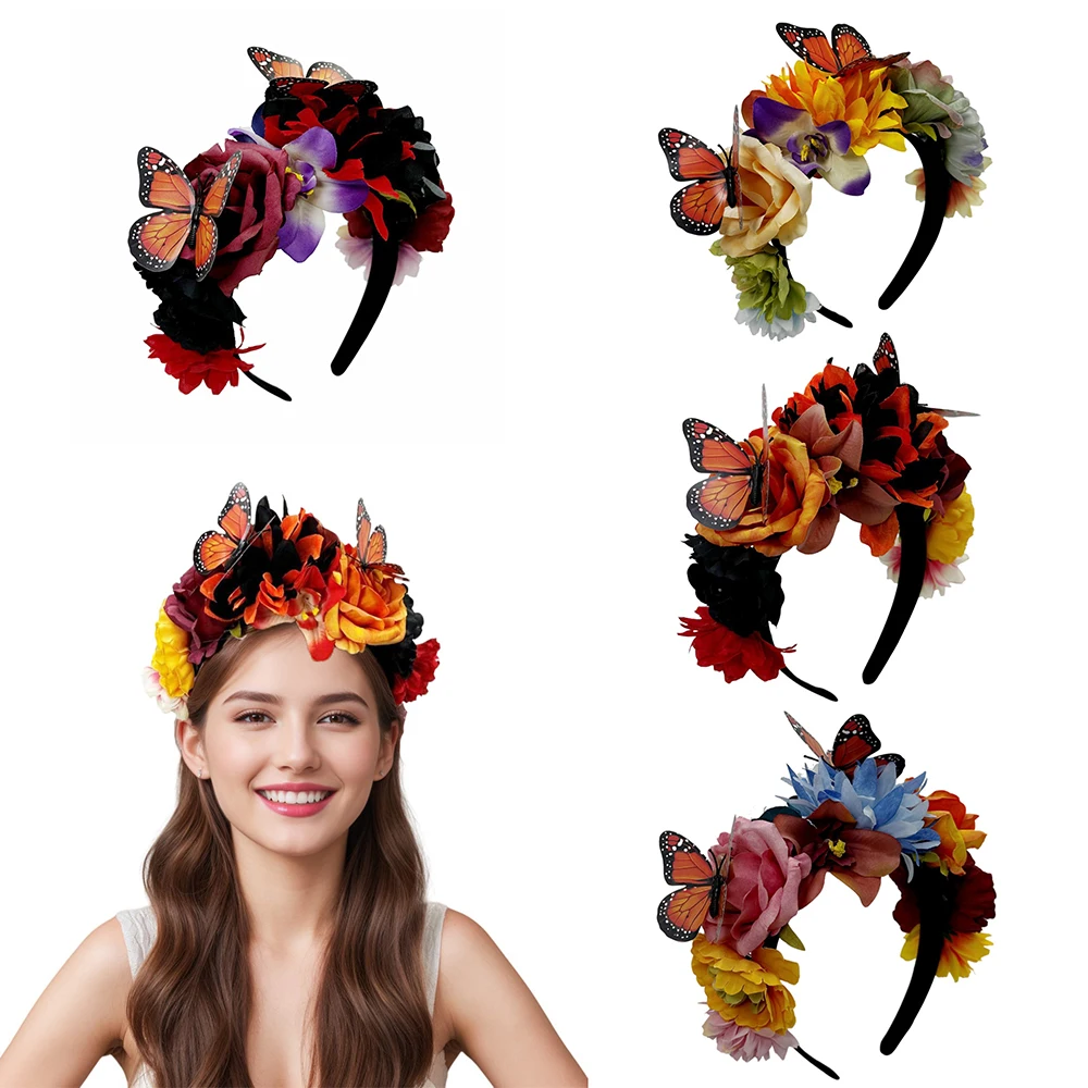 

Creative Floral Headbands Day of The Dead Artificial Flower with Butterfly Headbands for Women Girls Halloween Party Headdress