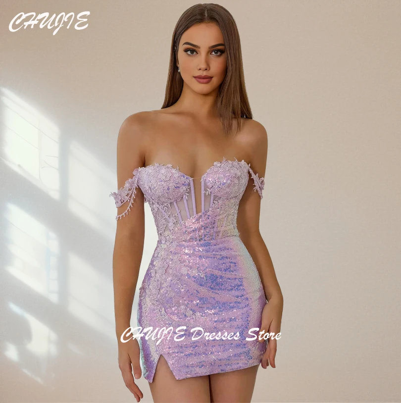 Appliques Off Shoulder Cocktail Dresses Woman Elegant Wedding Prom Dress Gown Mini Sequin Graduation Dress Vestido de graduación