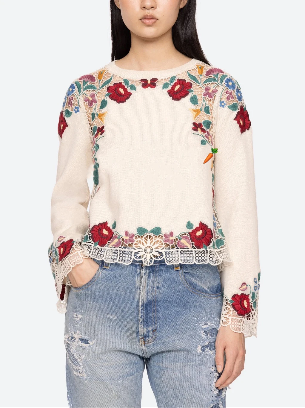 

HEIDD Sweet Sle round Ne Knitted Sweater Embroidered Heavy Flowers Hollow out Lace Cotton Long Sve Women Top