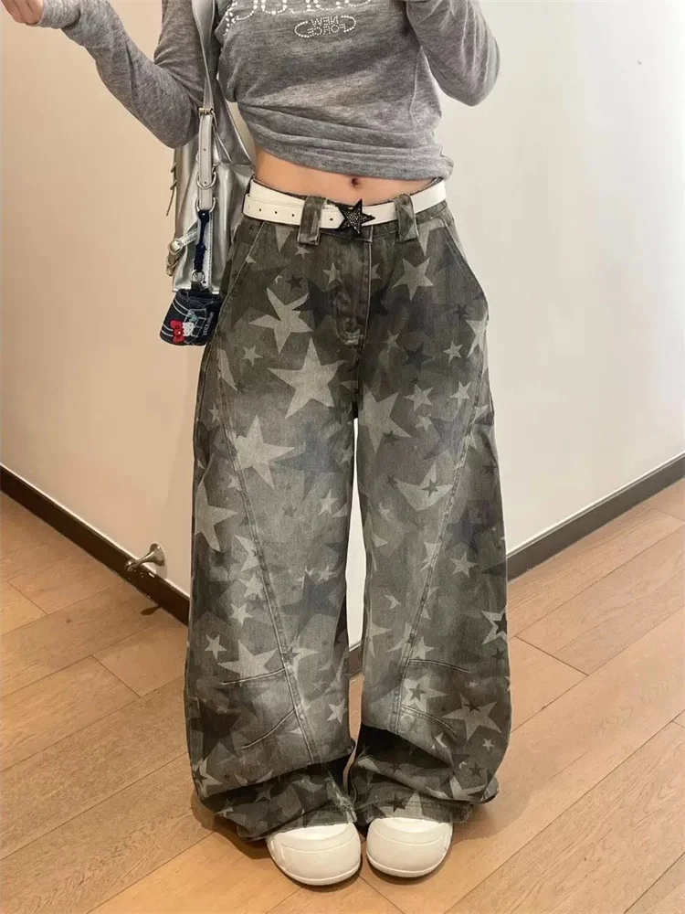 Star Distressed Washed Jeans Women American Vintage Curved Hem Wide Leg Trousers Streetwear Loose Unique Design Y2K