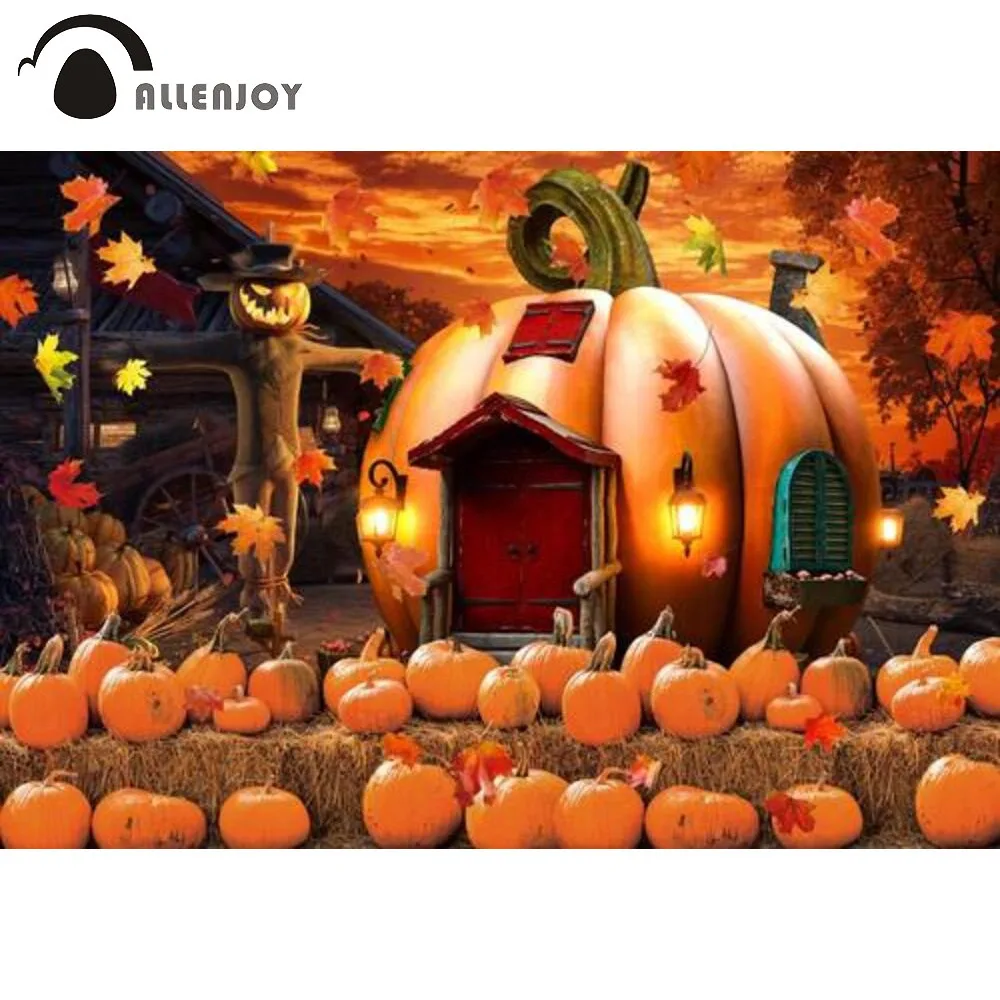 Allenjoy Pumpkin House Halloween Party Background Scarecrow Autumn Patch Harvest Maple Leaves Farm Banner Photozone Backdrop