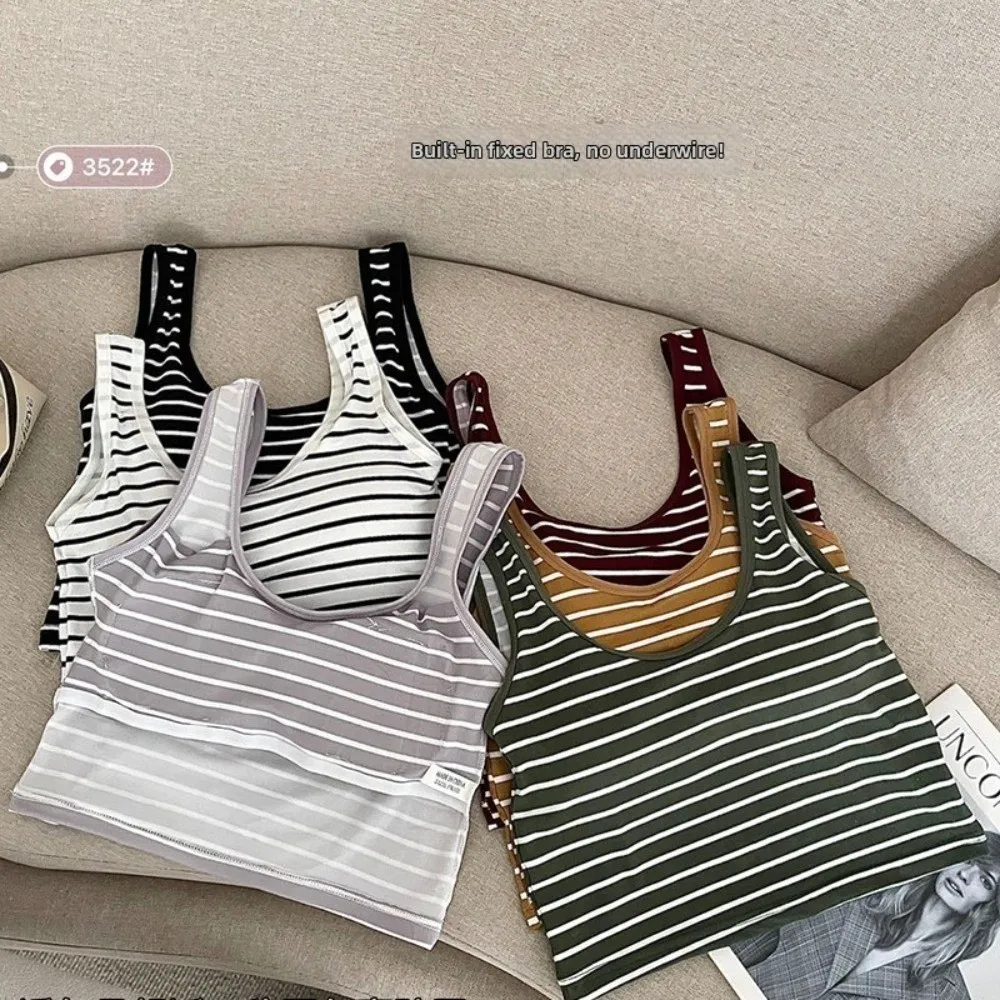 Gifts Color-blocked Summer Striped Tank Top U-neck Anti-exposure Sleeveless Top with Padded Bra Girlish Tank Vest