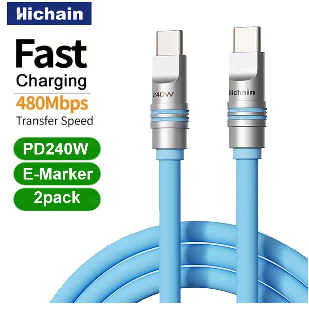 

Hichain 2 упаковки USB C к типу C, кабель для быстрой зарядки PD240W, жидкий силиконовый кабель из цинкового сплава, мягкий C для iphone, ноутбуков, планшетов