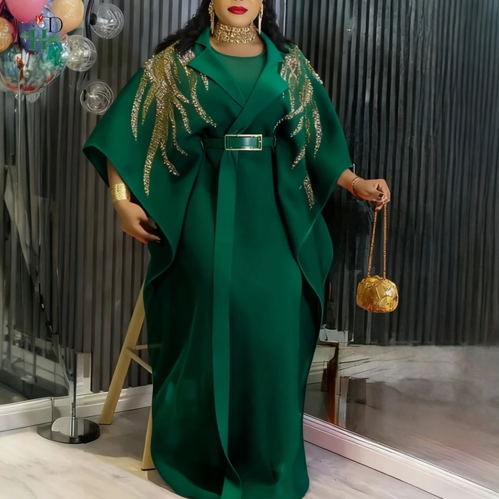 فستان أفريقي H&D للنساء مقاس كبير فستان تركيا فستان قفطان بياقة شال مع زخارف ترتر ذهبي فستان حفلات الزفاف #2