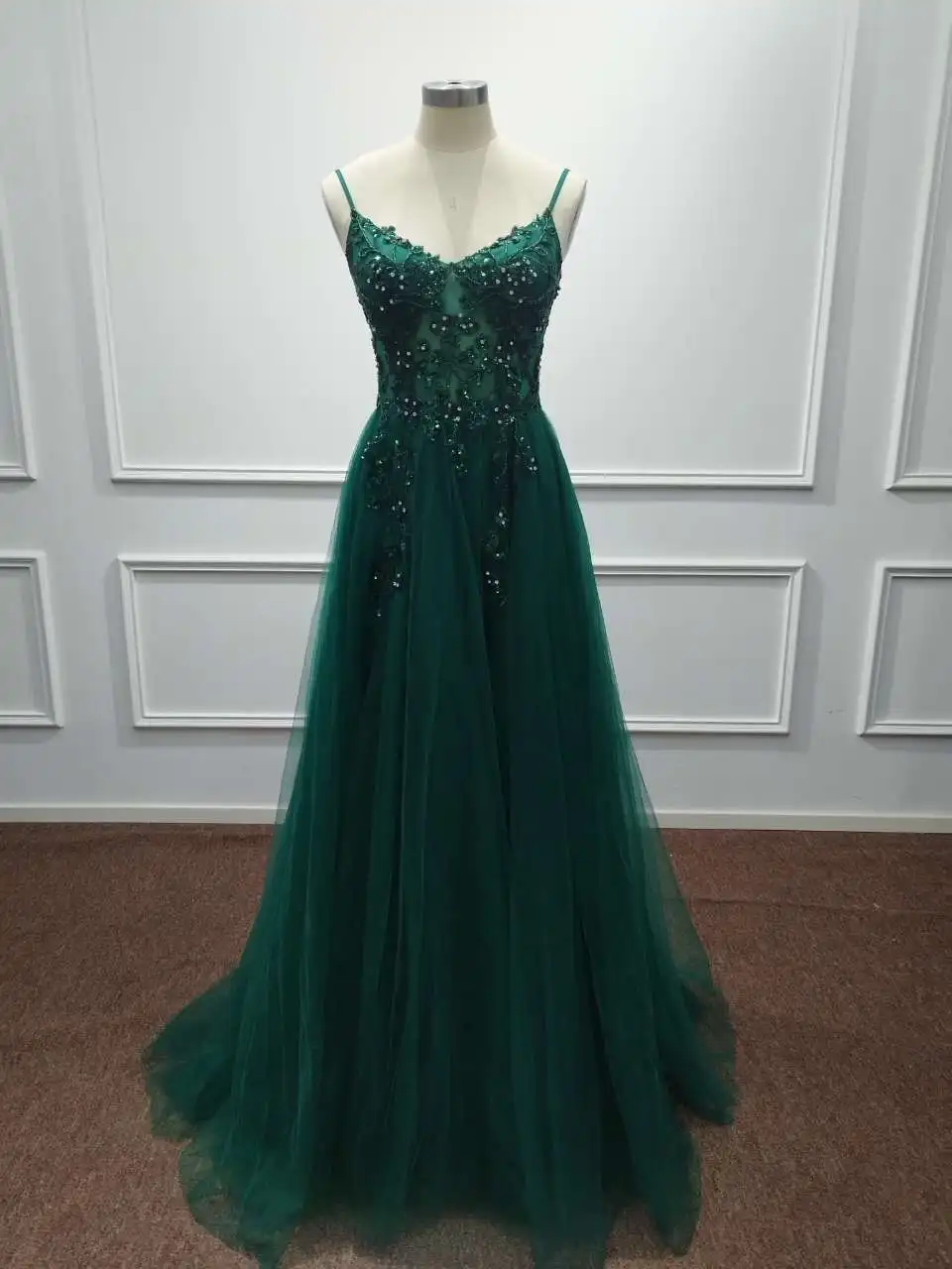 Sunnye New Fairy Dark Green Tulle Evening Dress Sparkly Lace Appliques Prom Dress Spaghetti Straps vestidos de fiesta فساتين سهر