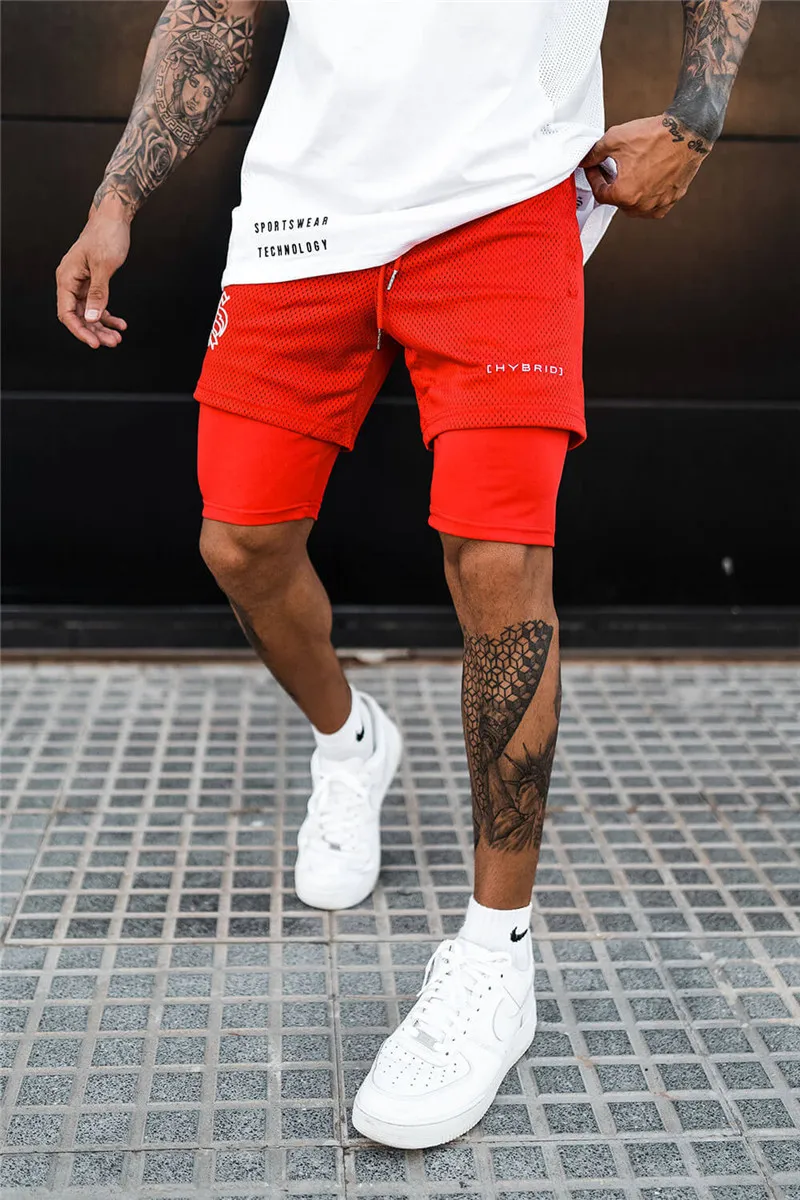Men's Double Layer Jogger Shorts 2 in 1 Short Pants Gyms Fitness Built-in Pocket Bermuda Quick Dry Beach Shorts Male Sweatpants