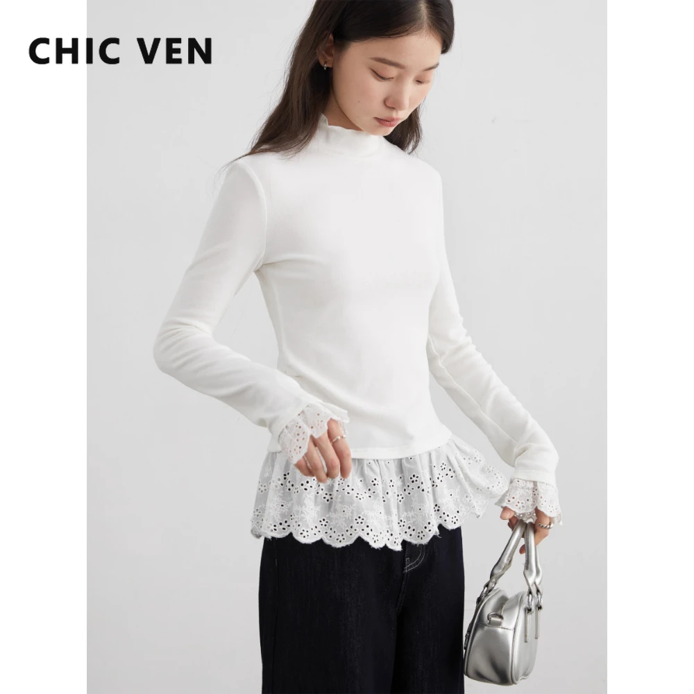 

CHIC VEN Fashion Women Sweaters Soft Solid Slim High Neck Base Jumpers Slim Fit Female Pullovers Splicing Hem Spring Autumn 2025