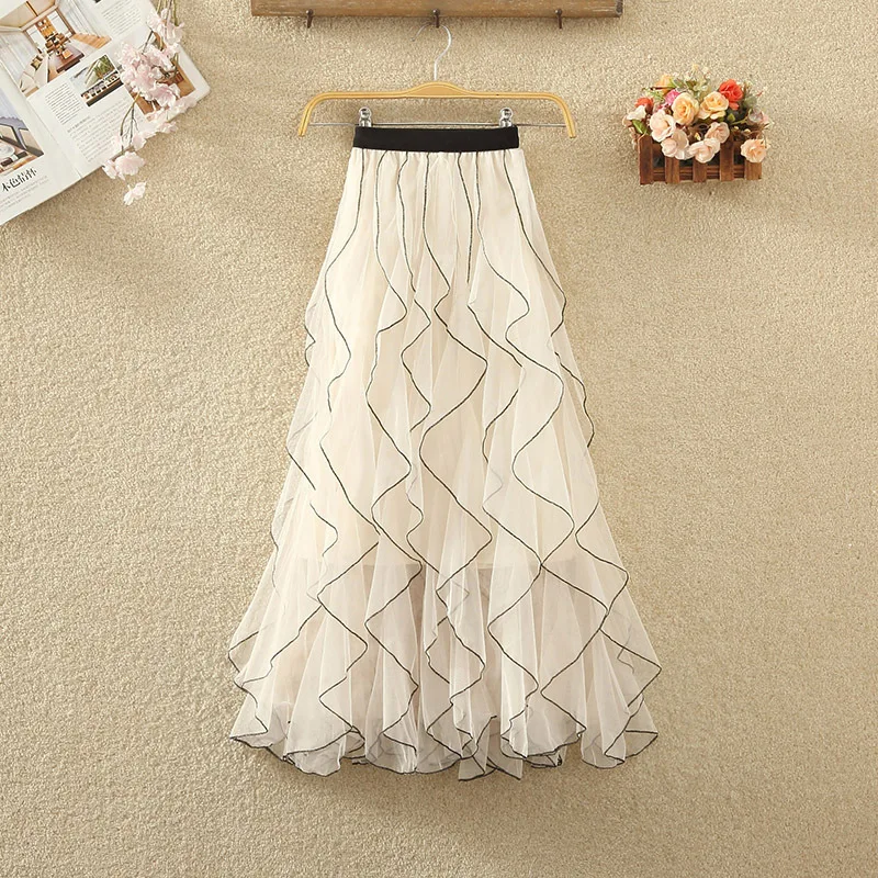 Wave Mesh Women's Summer New High-waisted Fairy Lotus Leaf Edge Skirt Medium and Long A-shaped Skirt