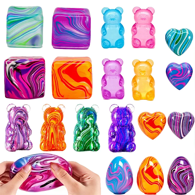 Marble Swirl Maltose Squishy Toy Cube Bear Heart Egg Shape Squeeze Fidget Toy ADHD Anxiety Relief Sensory Stress Toy Squish Gift