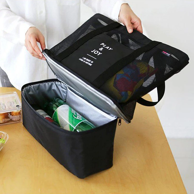 Large Capacity Mesh Transparent Beach Bag Big Size Shoulder Picnic Bag Outdoor Travel Storage Bag Double-deck Ice Insulation Bag