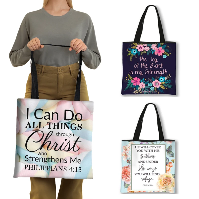 Christian Bible Verse L Can Do All Things Through Christ Shoulder Bags Casual Totes Ladies Handbags Large Capacity Shopping Bag