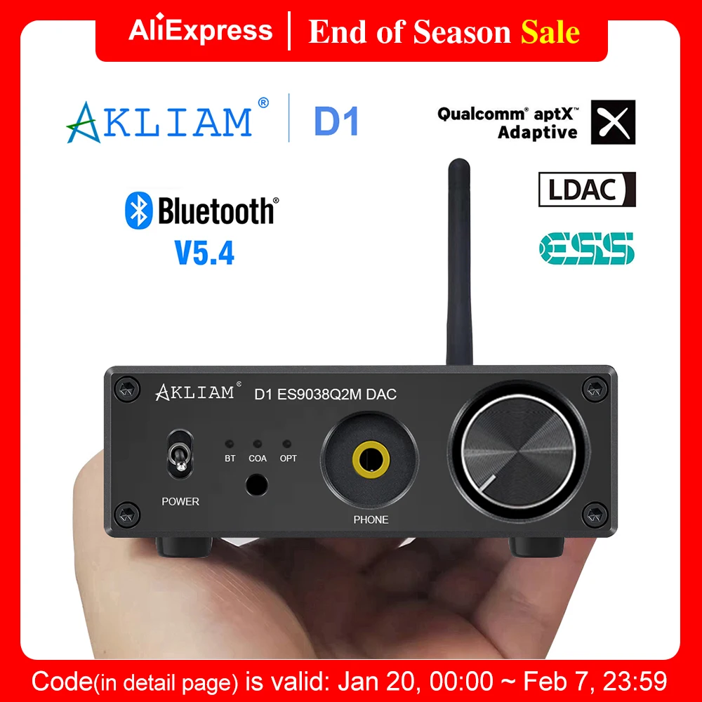 AkLIAM D1 ES9038Q2M DAC APTX-HD LDAC Aptx-Adaptive QCC3084 Bluetooth 5.4 DAC HIFI Sound Decoder