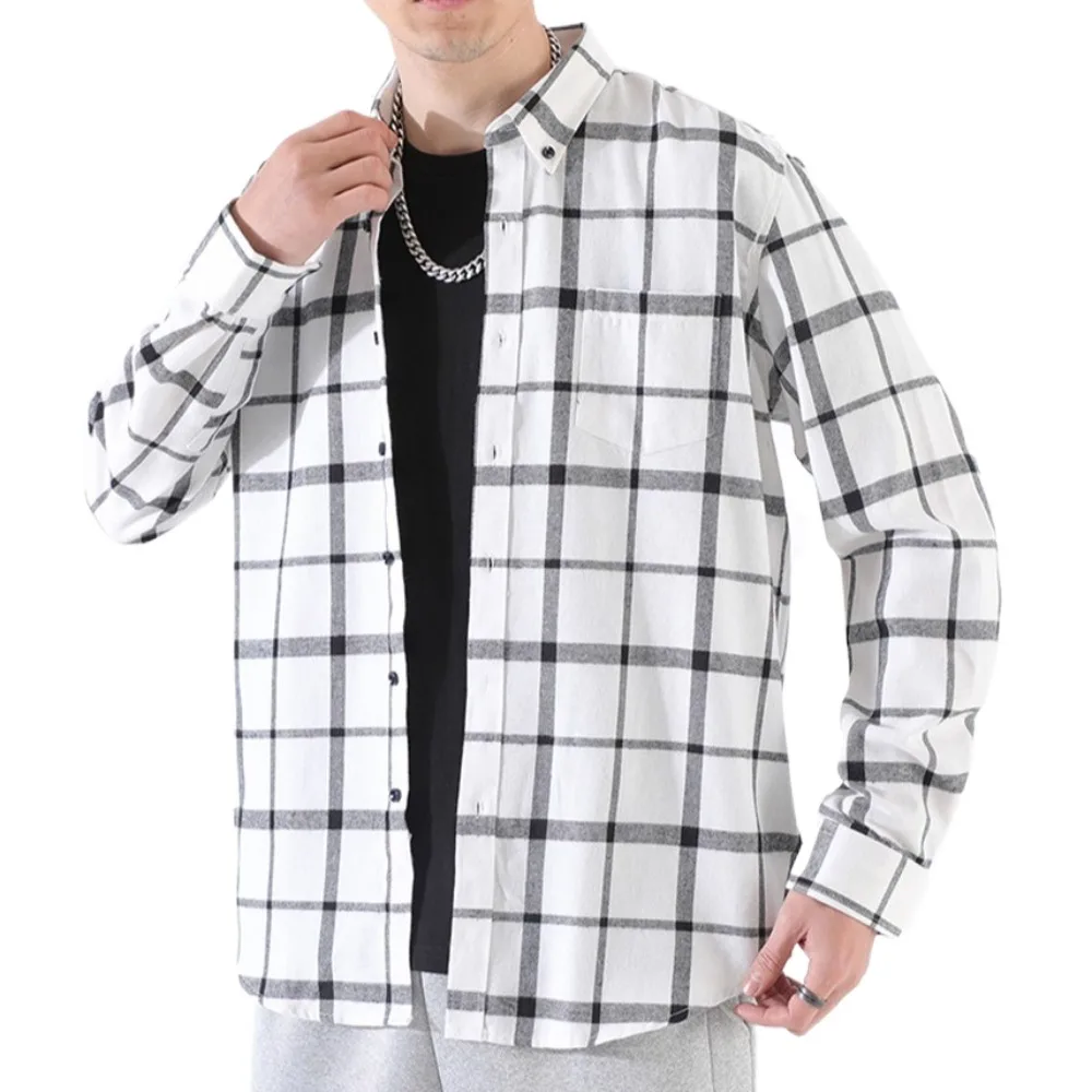 

Korean Cotton Men Blouse Button Up Large Size Grid Blouse Women All Match Lapel Long Sleeve Overshirts Unisex Students