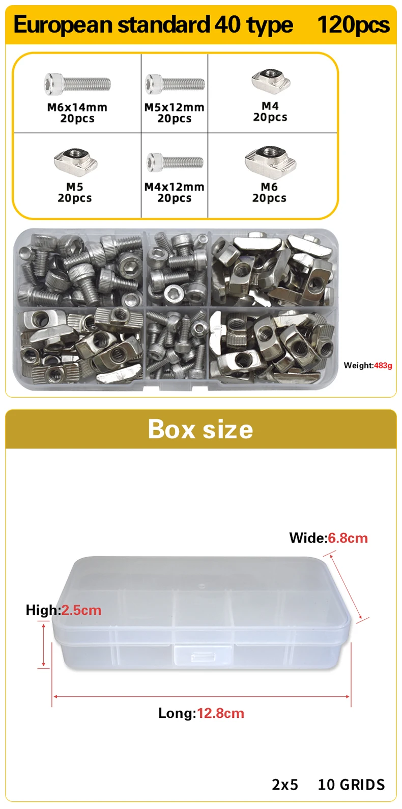 T-Nutensteckset mit Schrauben, M3 M4 M5 M6 Hammerkopf für 2020 3030 4040 Aluminiumprofil – Sechskantschrauben-Sortimentsset – Detail 10