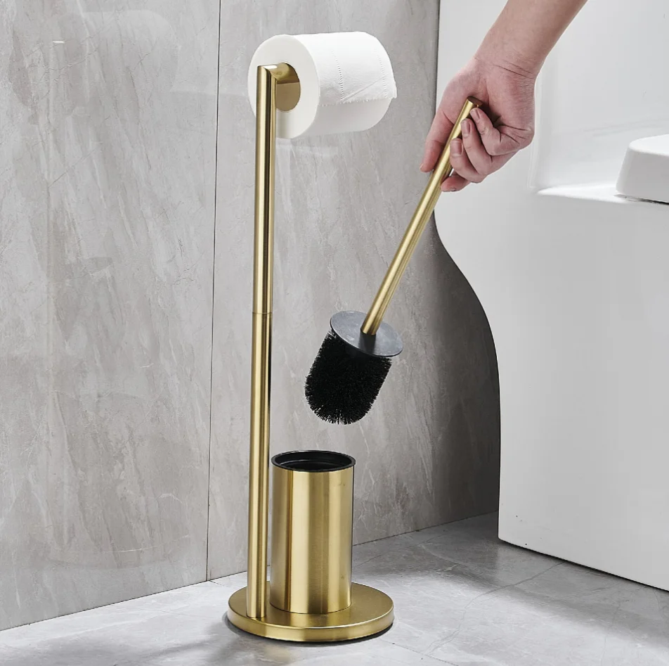 Floor toilet brush holder with toilet paper holder 304 stainless steel standing paper towel holder toilet brush