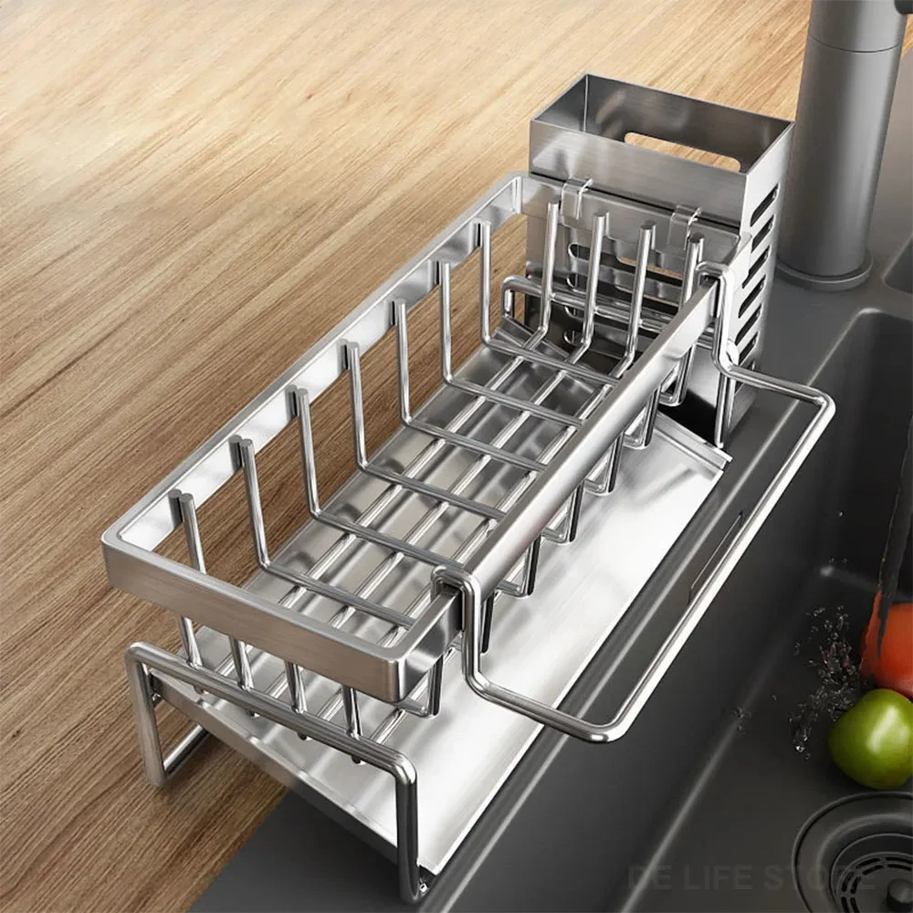 Évier de cuisine étendoir en acier inoxydable étagère d'évier de cuisine avec récipient à couverts porte-éponge à vaisselle organisateur de cuisine