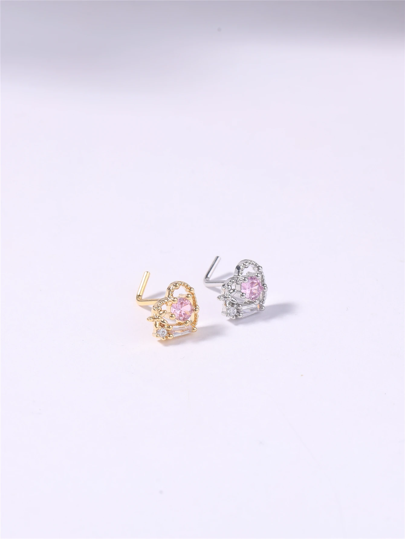 20G L Shaped Nose Studs Rings Cute Pink Heart CZ Shiny Love Stone Gold Silver Color Nose Piercing for Women Girl Nostril Jewelry