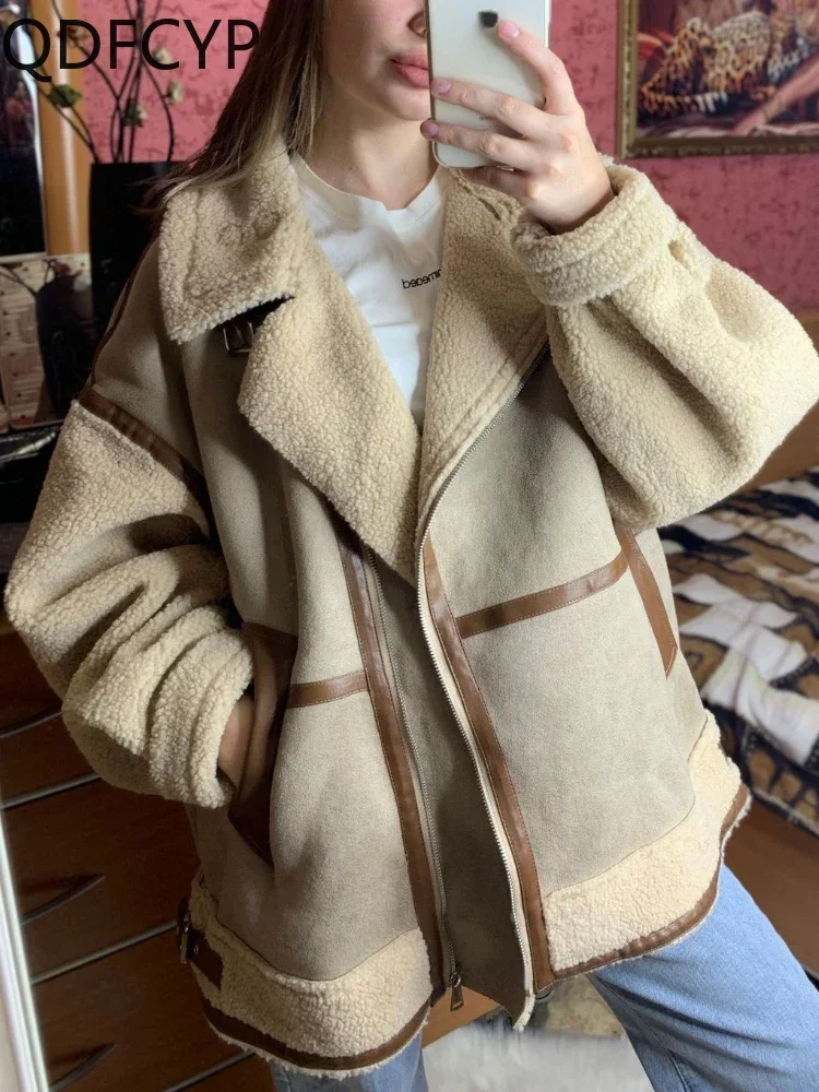 Women\'s Coat 2024 Autumn Winter New Fashion Polo Collar Lamb Wool Pockets Patchwork Tops Simple Versatile Zipper Jacket Female