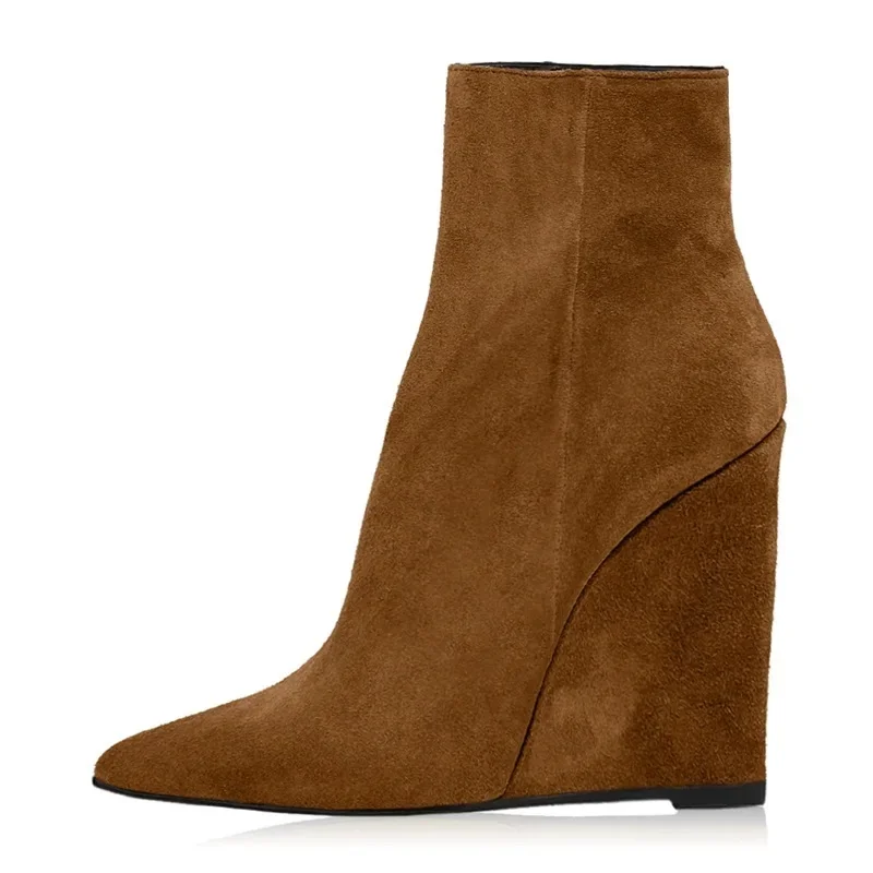 

Fashion Suede Pointed Toe Wedge Heel Ankle Boots Brown Black Green Stretch Fabric Zipper Height Increasing Short Booties Size 42