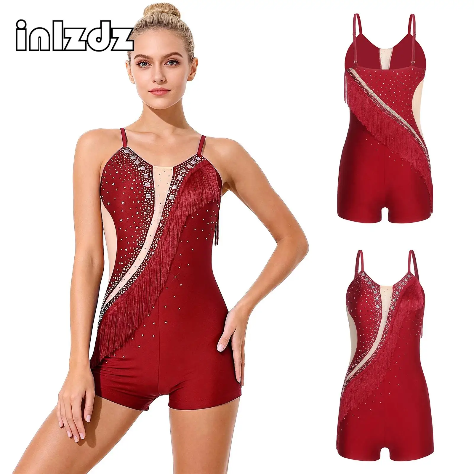

Women's Latin Dance Fringed Rompers Bodysuit Rhinestones Tassel Boy-shorts Legs Sheer Jumpsuit for Figure Skating Tango Cha-cha