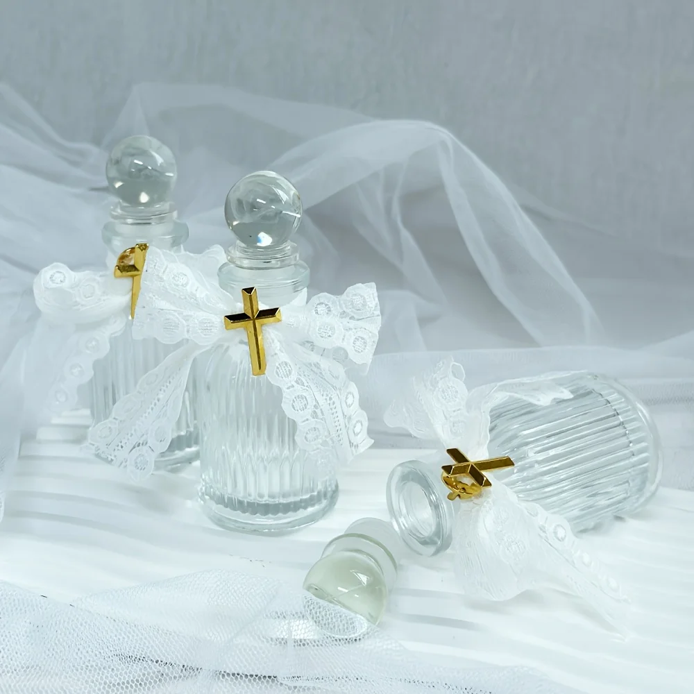 10pcs, 50ml Holy Water Bottles, Christian Glass Bottles Set with Cross Lapel Pins and Lace Ribbon, for Holy Communion Gifts