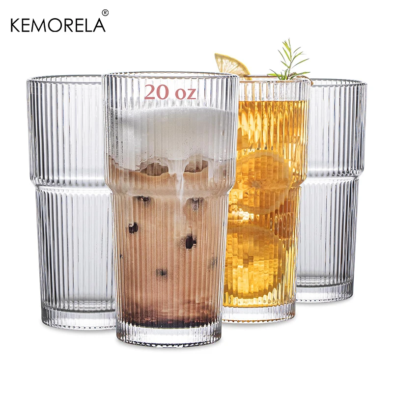 KEMORELA 2/4PCS Ribbed Glass Tumbler 590ML Large Capacity Drinking Glasses for Family gathering Iced Coffee Juice and Cocktails