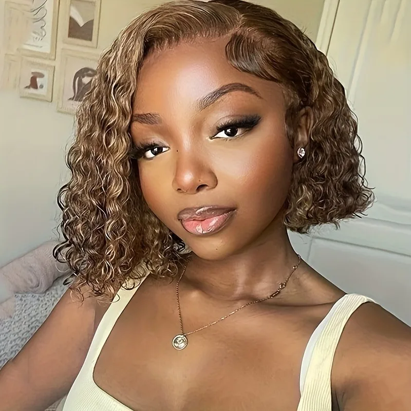 Pelucas delanteras de encaje resaltadas 4/27, cabello humano prearrancado, nudos blanqueados, 200 de densidad, 13x4 HD, ombré, rubio miel, cabello humano ondulado profundo