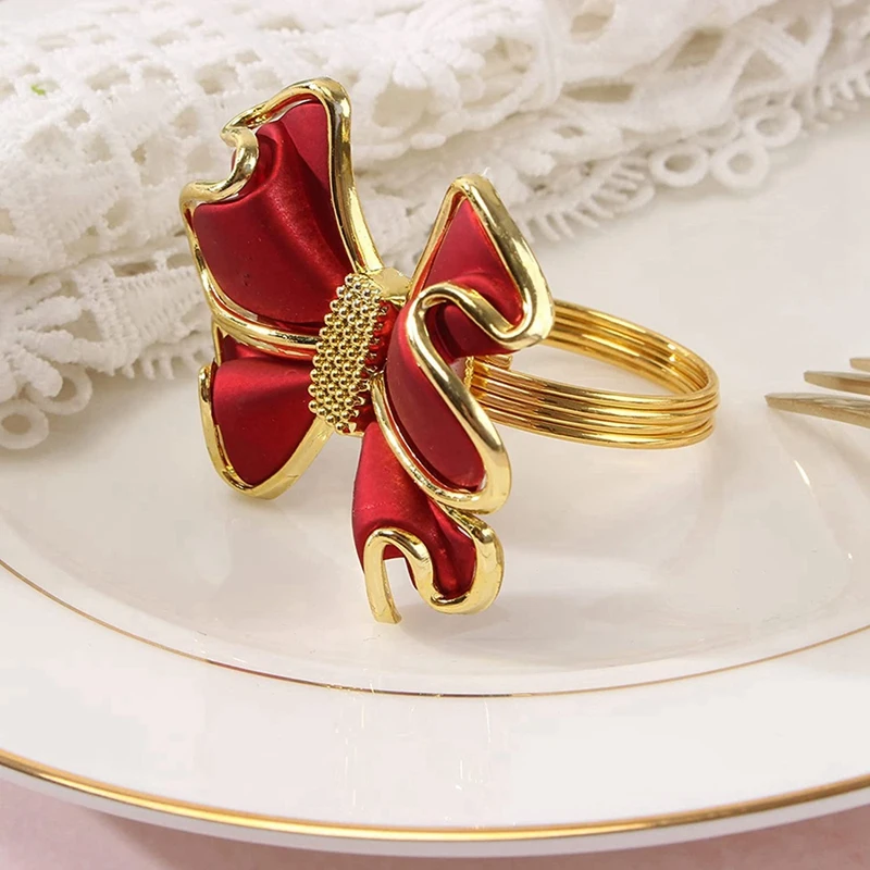 12 Pieces Red Bowknot Napkin Rings, Butterfly Knot Napkin Ring Holders Handmade Metal Napkin Buckles Elegant Table Decor