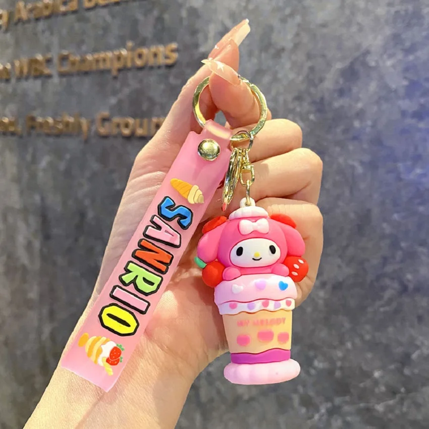아이스크림 Sanrio 헬로 키티 피규어 키 체인 Kuromi 마이 멜로디 액션 피규어 모델 PVC 열쇠 고리 Cinnamoroll 생일 선물