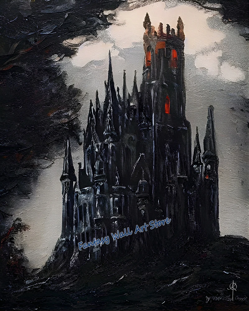 Château sombre gothique, château de terreur, maison de Dracula, mythologie, conte folklorique, affic