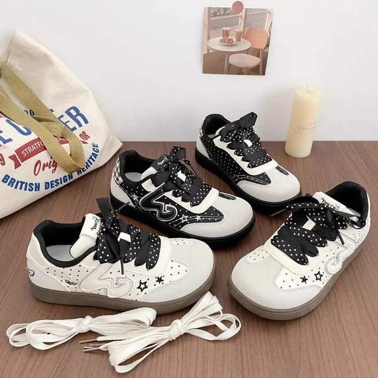 Damen Polka Dot Plaid Splicing Board Schuhe Schnürschuhe Flache Sneakers Retro Stern-Stickerei Casual Studenten Alltagsschuhe – Detail 6