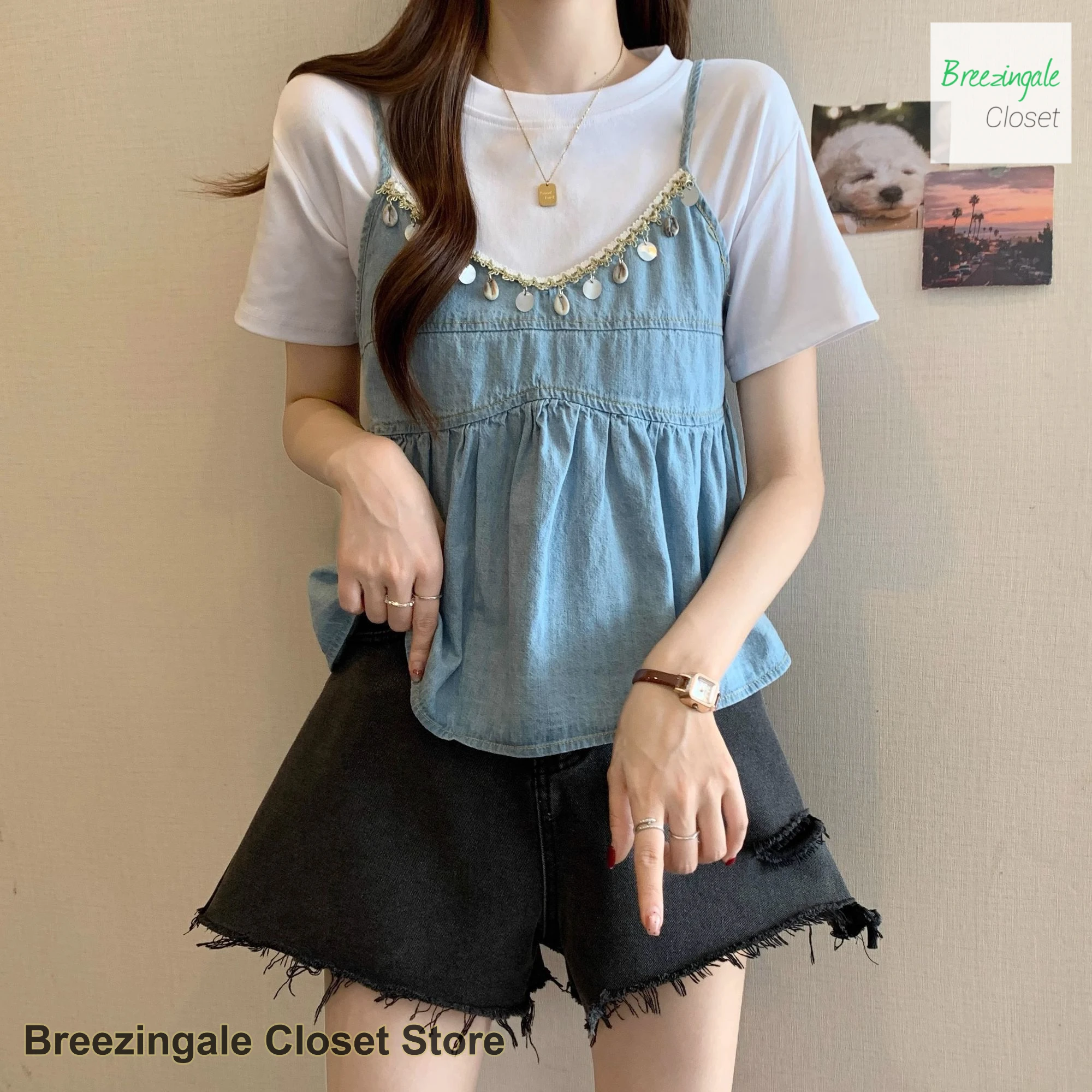 Korean temperament fake two-piece sling splicing short-sleeved shirt women's summer new loose plus size doll shirt short clothes
