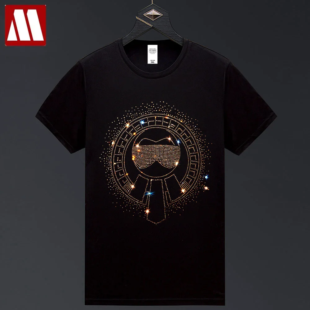 

Plus Szie Round Collar Short Sleeve T Shirt European Cartoon Sunglasses Men's Shiny T-shirt Male Hot Drilling Flash Summer Tops