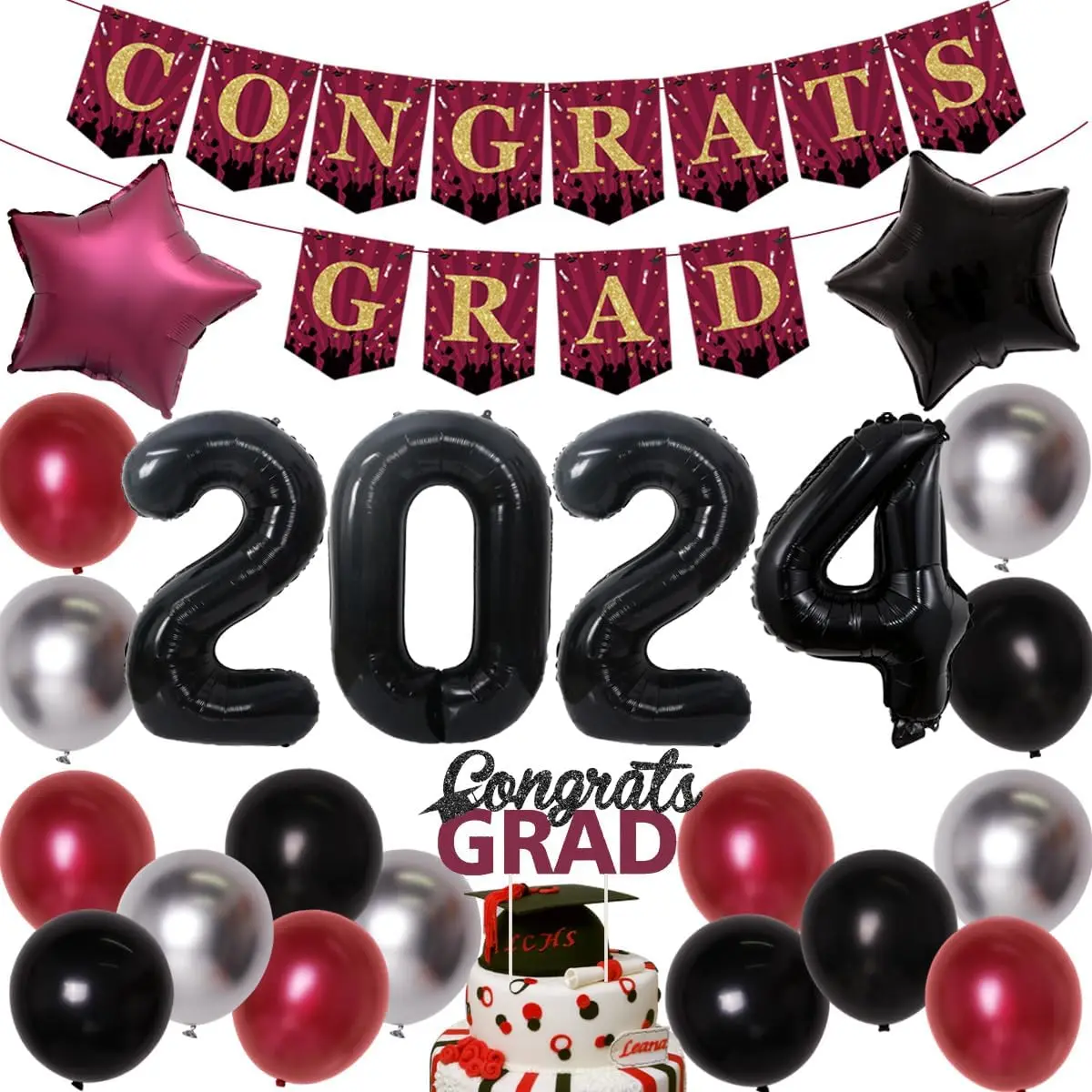 Graduation Party Decorations, Graduation Party, Balloon for School Grads, Congrats Grad Banner, Cake Topper, Number 2024