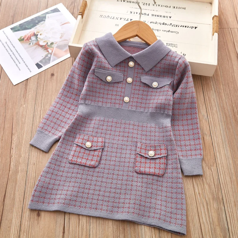 

Children's Korean Two-Piece Set Autumn Winter Style Girls Fashionable Houndstooth Knitted Sweater Cardigan Skirt Set