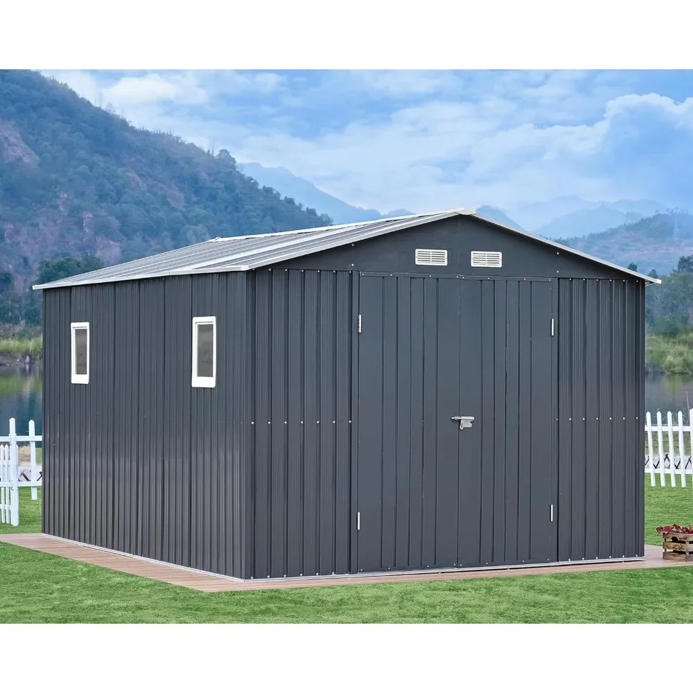 Outdoor Storage Shed with 2 Clear Panels Hinged Double Doors 4 Vents, Metal Shed, 10x12x7.5 FT