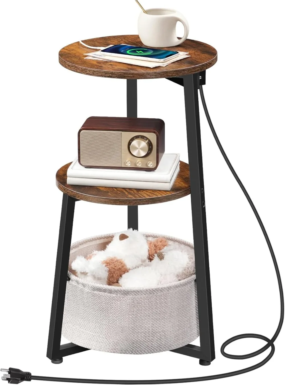 

Компактный круглый приставной столик с зарядной станцией, корзиной для хранения в гостиной и спальне, коричневый в деревенском стиле