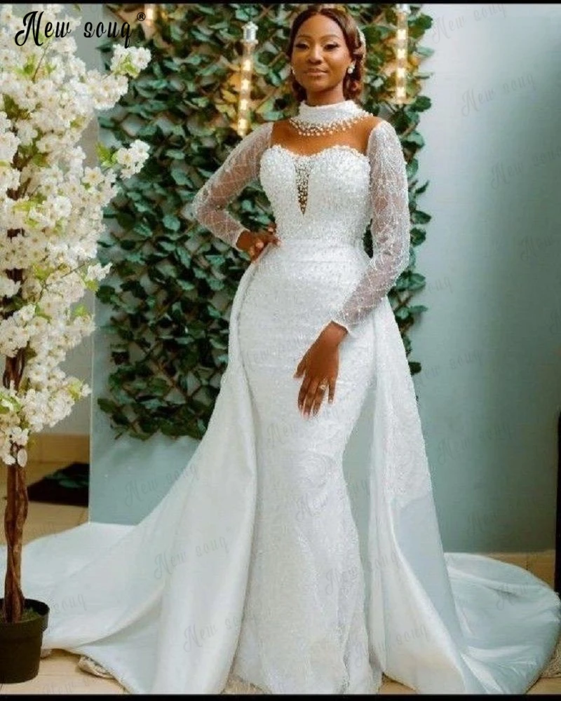 2023 African Bridal Dress Detachable Train Sparkle Beaded and Pearls Luxury Wedding Gowns Turtleneck Long Sleeves Robe de Mariée