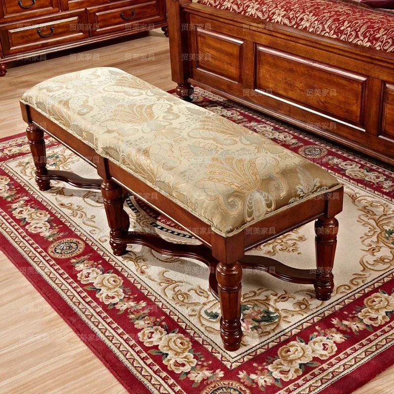 

American-Style Solid Wood Fabric Bed End Stool Classical Home Cloakroom Shoes Sofa Stool