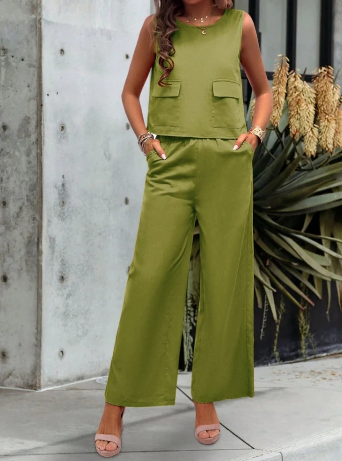 Casual Solid Color Round Neck Sleeveless Vest with Pockets High Waist Wide Leg Pants, Fashionable Versatile Pants Set for Women