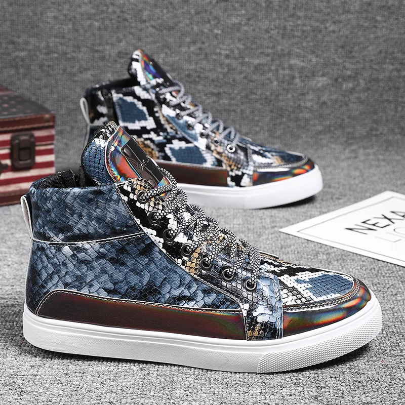 Fashion High Top Designer Men's Shoes Shiny Leather Comfortable Flat Casual Shoes for Men Hip-Hop Streetwear Shoes Man Footwear