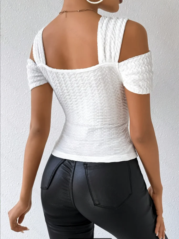 Sexy schulterfreies Damen-Top mit modischem, einfarbigem T-Shirt, sommerliches, kurzärmeliges Damen-Oberteil mit V-Ausschnitt – Detail 5