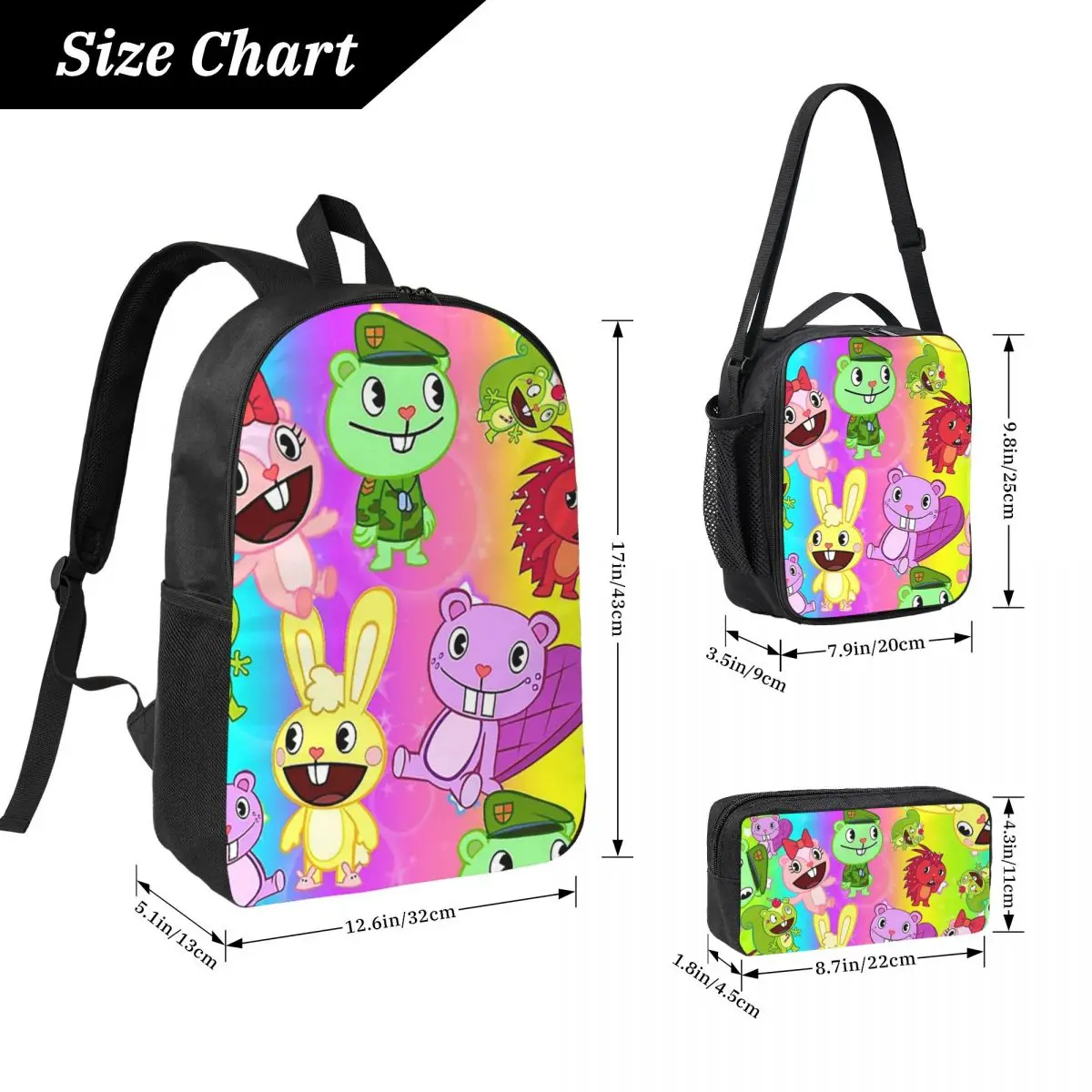 Happy Tree Friends Design Backpack Student Boy Girls BookBag School Bag Laptop Shoulder Bags 3ps Insulated Lunch Bag Pencil Case