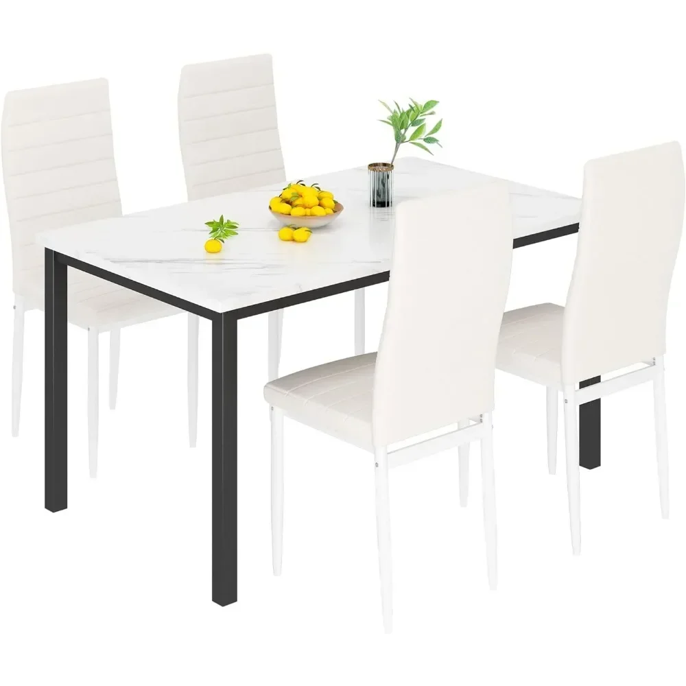 

Kitchen Tables Set for 4, Dining Faux Marble Top Table and 4 PU Leather Chairs, 5 Pieces Dining Room Table Set for Small Space