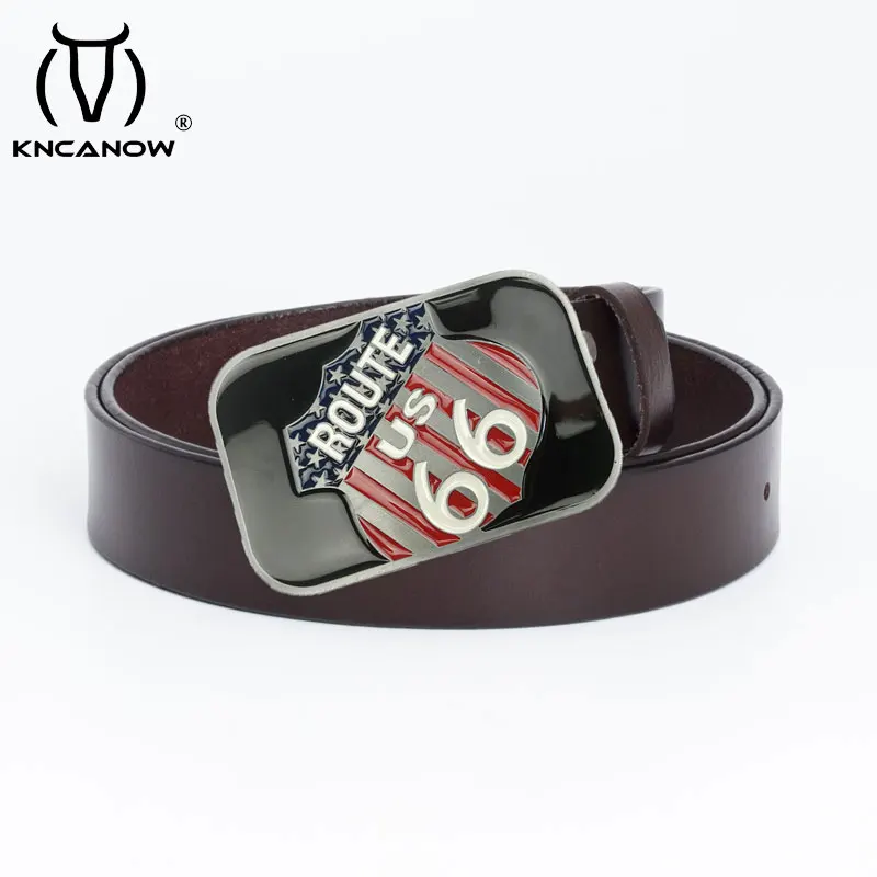 Men's Leisure Genuine Leather Belt Route 66 Metal Buckle Western Cowboy Accessories Luxury Black Belt Men Birthday Fashion Gift