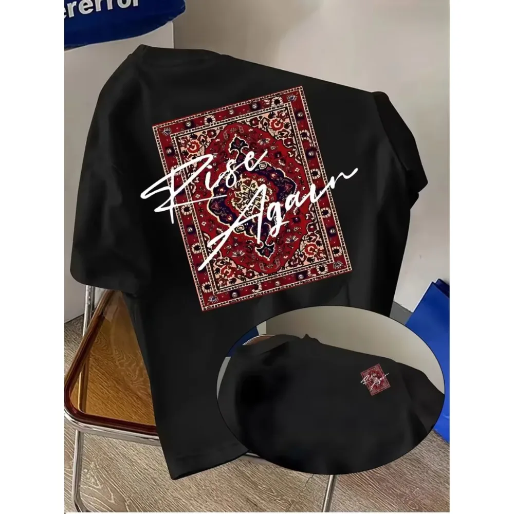 Men Women Persian Style Print T-Shirt Double-Sided Vibrant Design Summer Beach Travel Essential Crew Neck Casual Streetwear Top