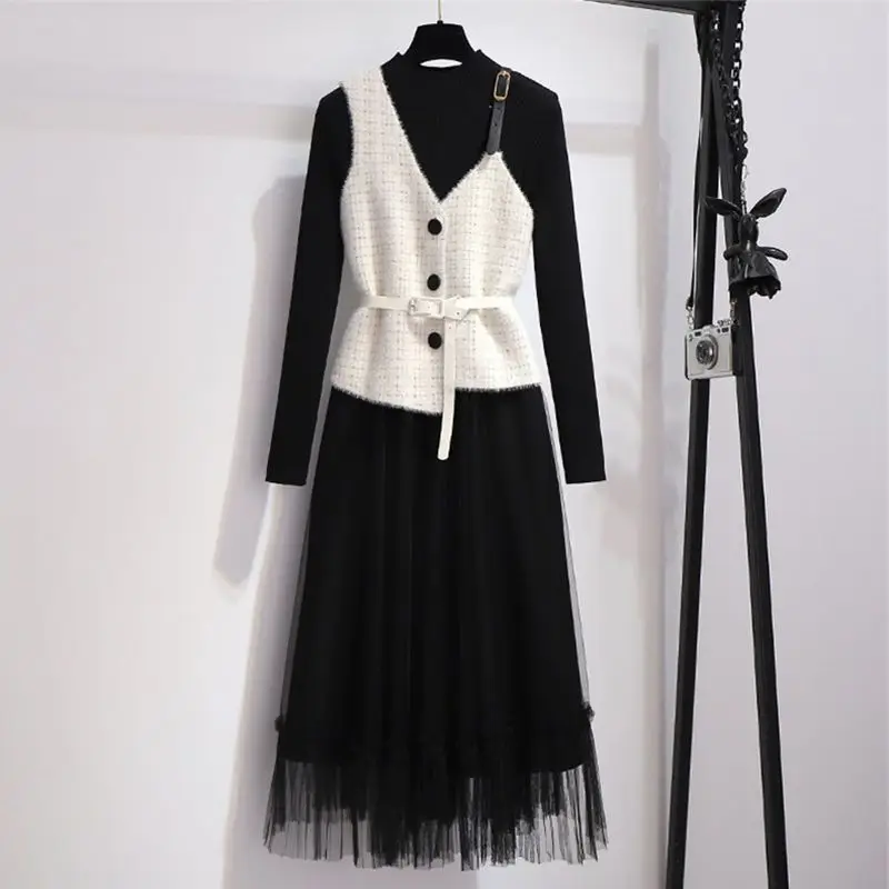 Elegant Fashion Outfits Women's Spring Autumn New Outwear Slim Knitted Vest Mid Length Solid Color Mesh Dress Two Piece Suit